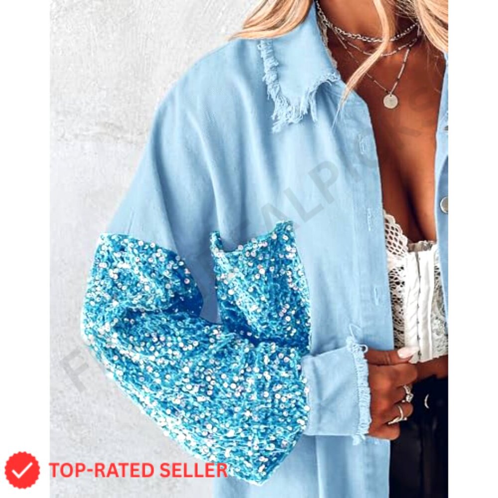 Oversized Denim Shacket Sequin Patchwork Long Sle… - image 3